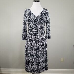 Adrianna Papell 6 Jersey Kit Dress Rusched 3/4 Sleeve Faux Wrap Abstract Sheath